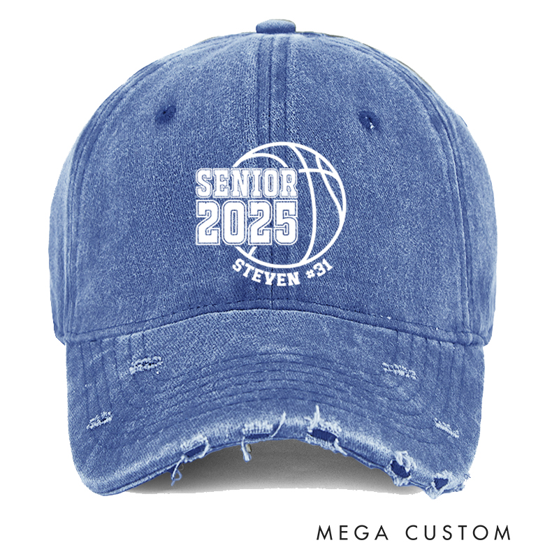 Personalized Distressed Denim Basketball Cap for Seniors with Graduation Year Name and Number Design