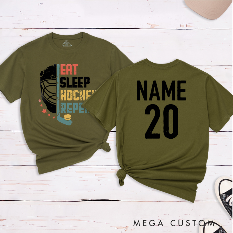 Personalized "Eat, Sleep, Hockey, Repeat" T-Shirt with Custom Name and Number
