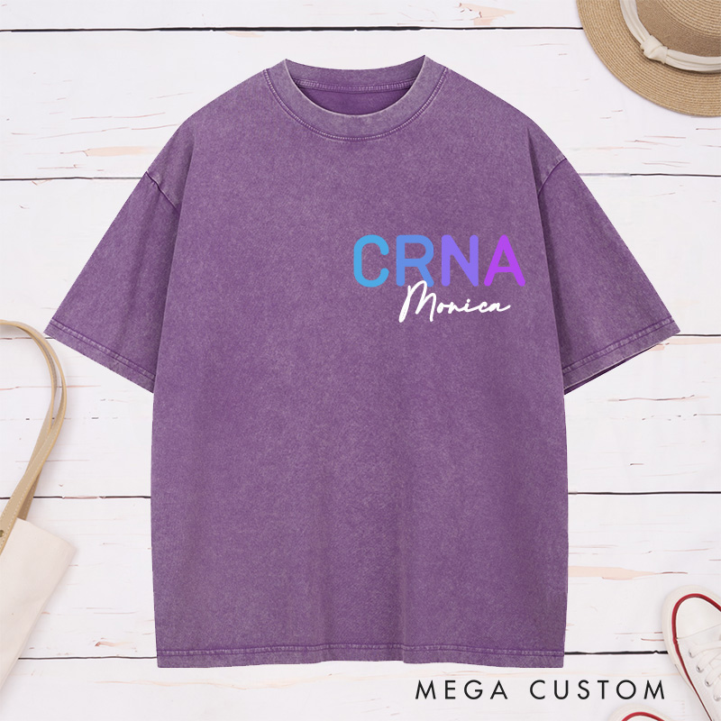 Personalized Nurse Washed T-Shirt Customized Vintage Brown CRNA Design Washed T-Shirt 