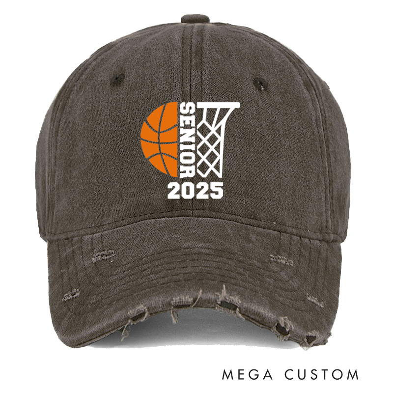Personalized Distressed Senior Cap with Basketball and Hoop Design and Customizable Year