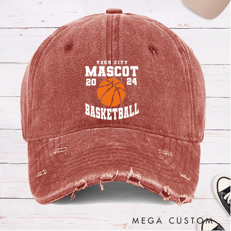 Personalized Distressed Denim Basketball Cap with Custom Team Name Year and Basketball Graphic Design