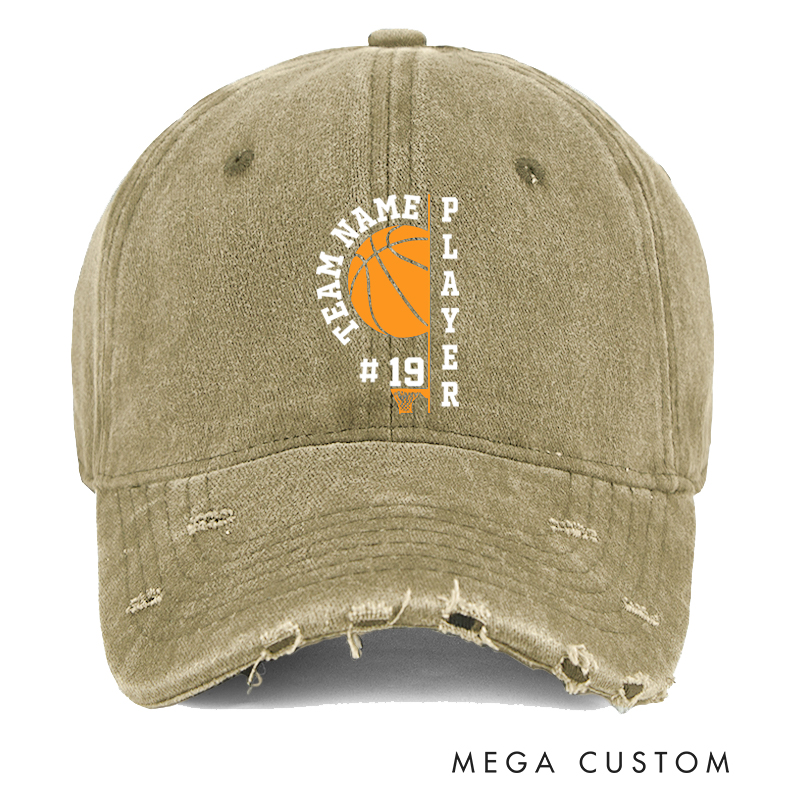 Personalized Distressed Denim Basketball Cap with Custom Team Name Player Title and Number Design