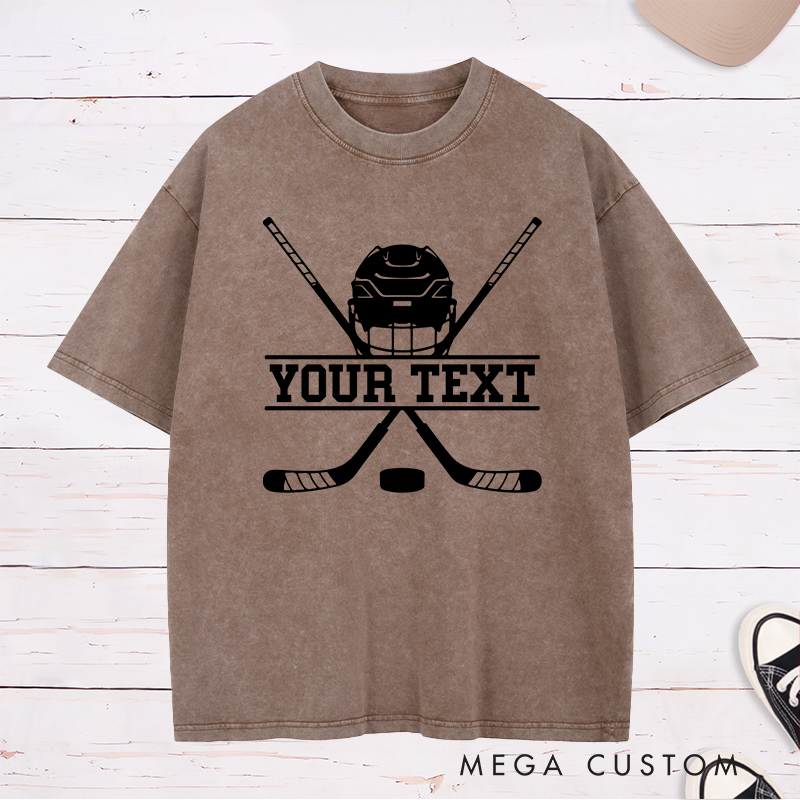 Personalized Hockey Helmet and Sticks Washed T-Shirt with Custom Name 