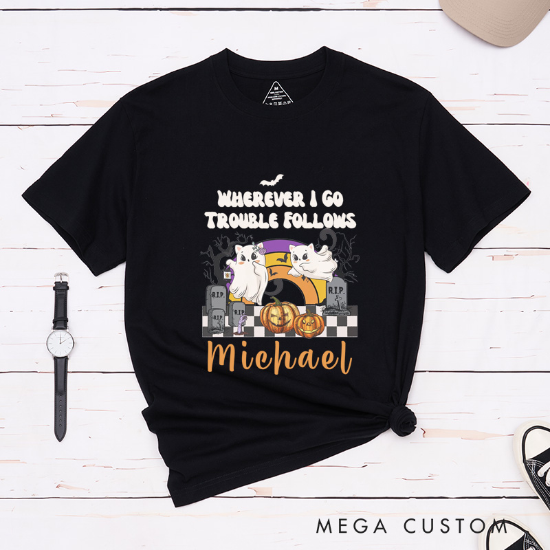 Personalized Cat Halloween Couple Matching Shirt Where I Go Trouble Follows Couple T-Shirt