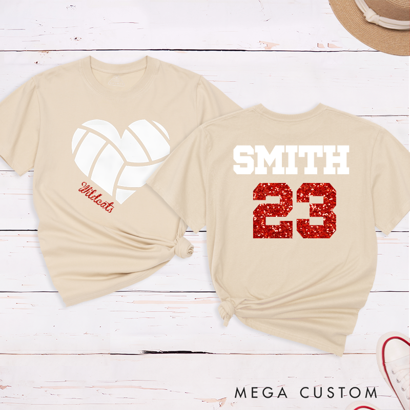 Personalized Glitter Heart Volleyball T-Shirts Featuring Your Team Name and Number