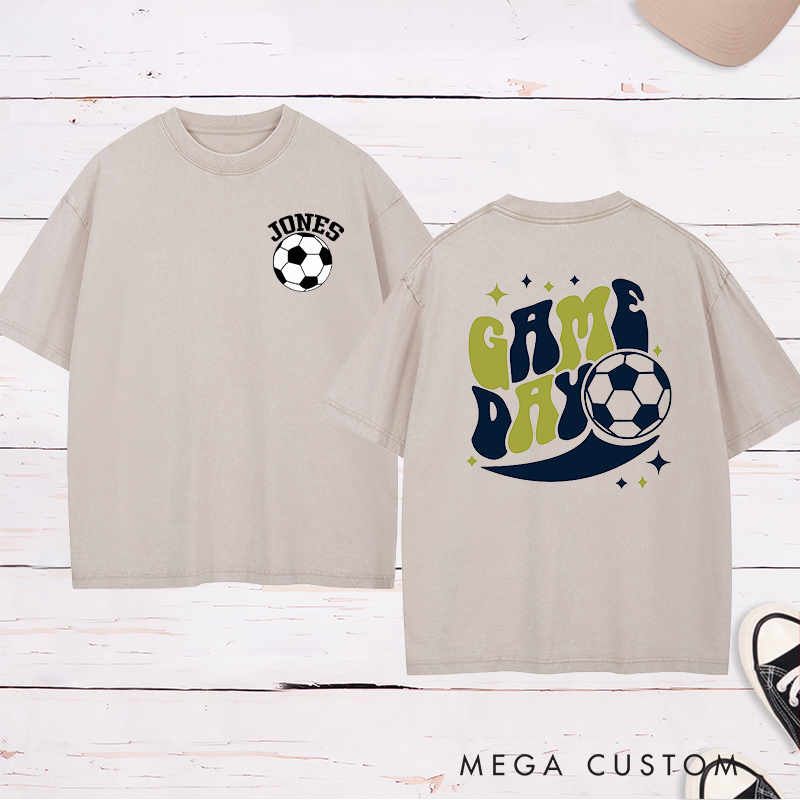Personalized Game Day Washed T-Shirt  with Fun Retro Design and Custom Name and Number  