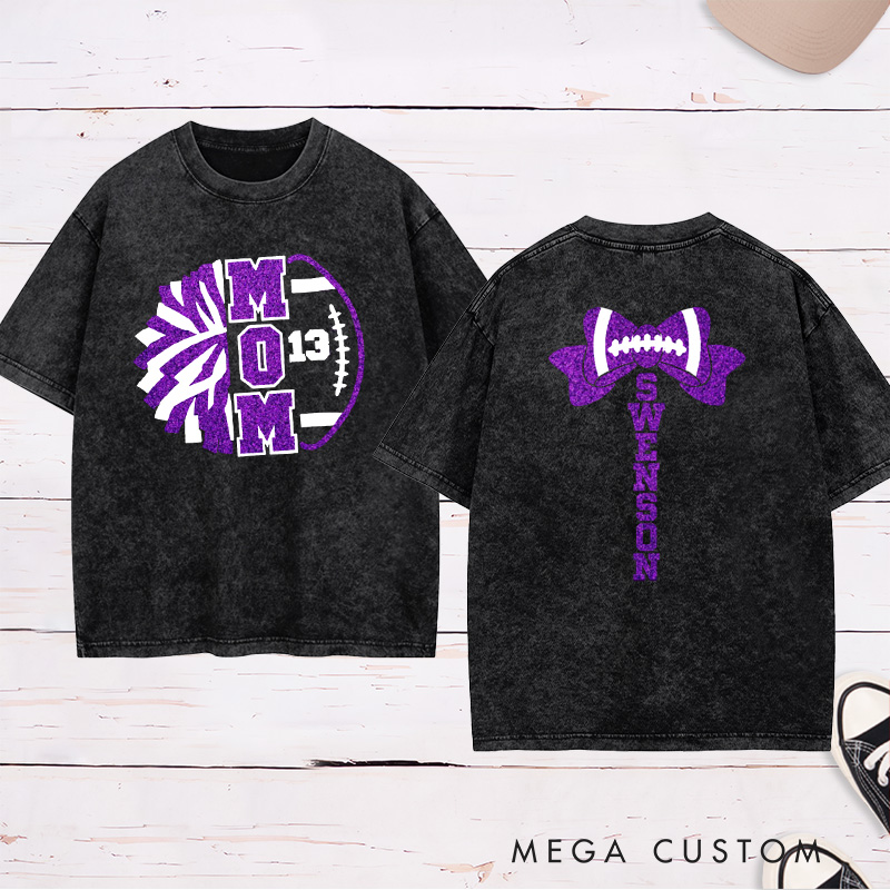 Personalized Glitter American Football and Rugby Cheer Mom Washed T-Shirt with Custom Name on the Back and Number on the Front