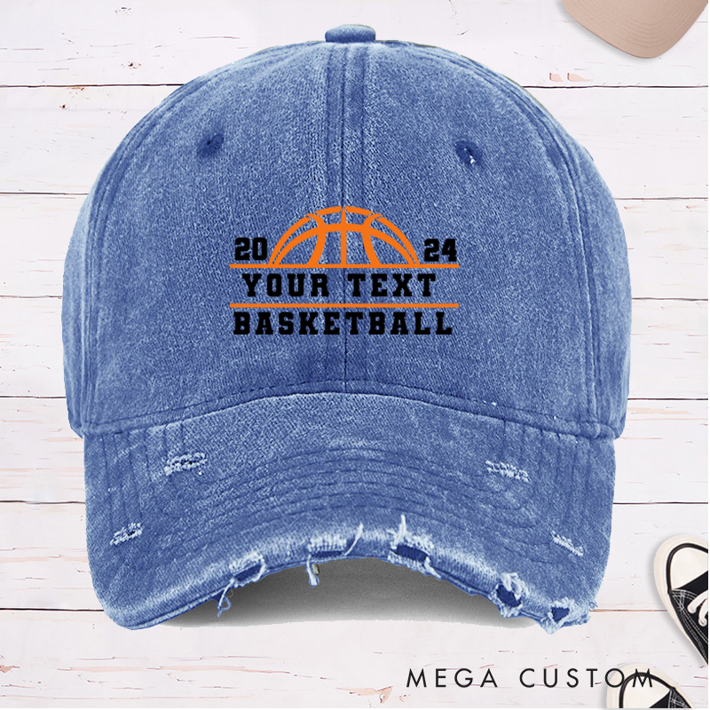 Personalized Distressed Denim Basketball Cap with Custom Year Team Name and Basketball Graphic Design