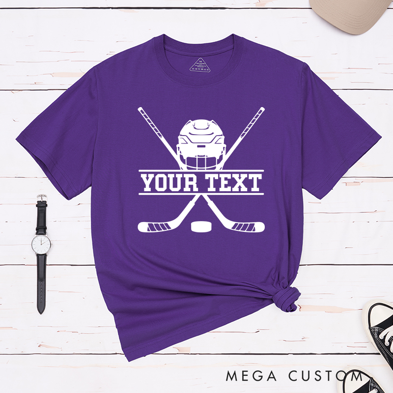 Personalized Hockey Helmet and Sticks T-Shirt with Custom Name 