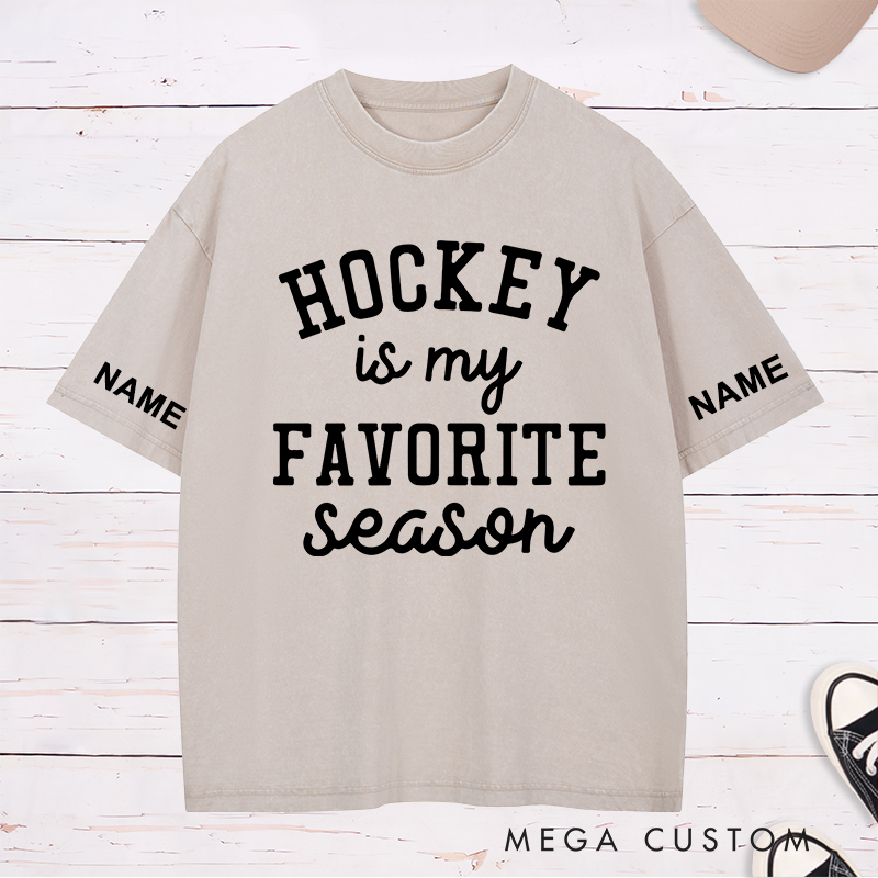 Personalized "Hockey Is My Favorite Season" Washed T-Shirt with Custom Name and Number