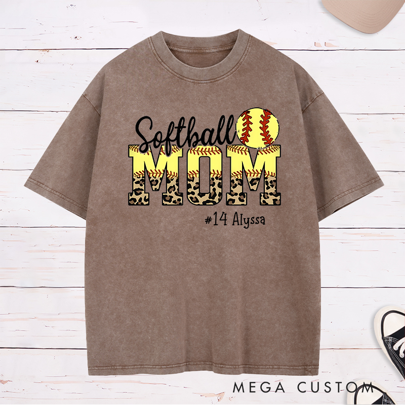 Personalized Softball Mom Washed T-Shirt Design Featuring Leopard Print Bold Text Softball Graphic and Custom Player Name and Number