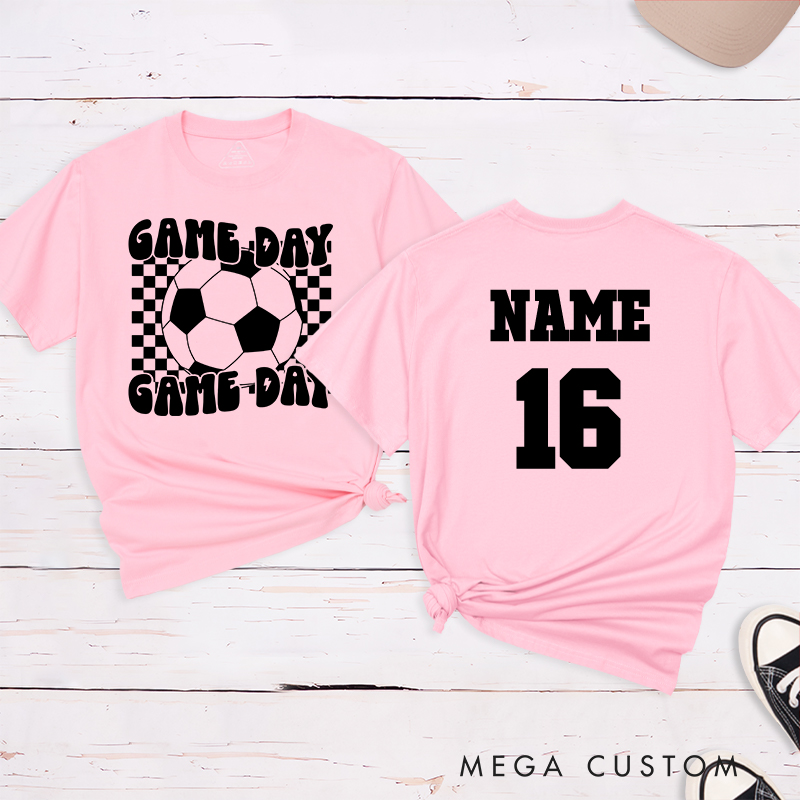 Personalized Game Day Soccer T-Shirt with Bold Checkerboard Design and Custom Name and Number