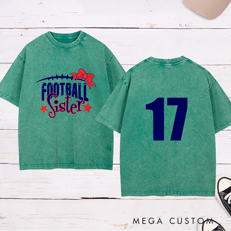 Personalized American Football and Rugby Bow Sister Washed T-Shirts with Custom Numbers