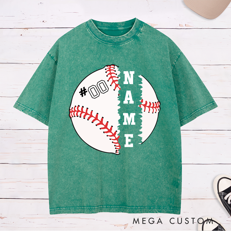 Personalized Baseball Graphic Washed T-Shirt with Split Design and Custom Name and Number