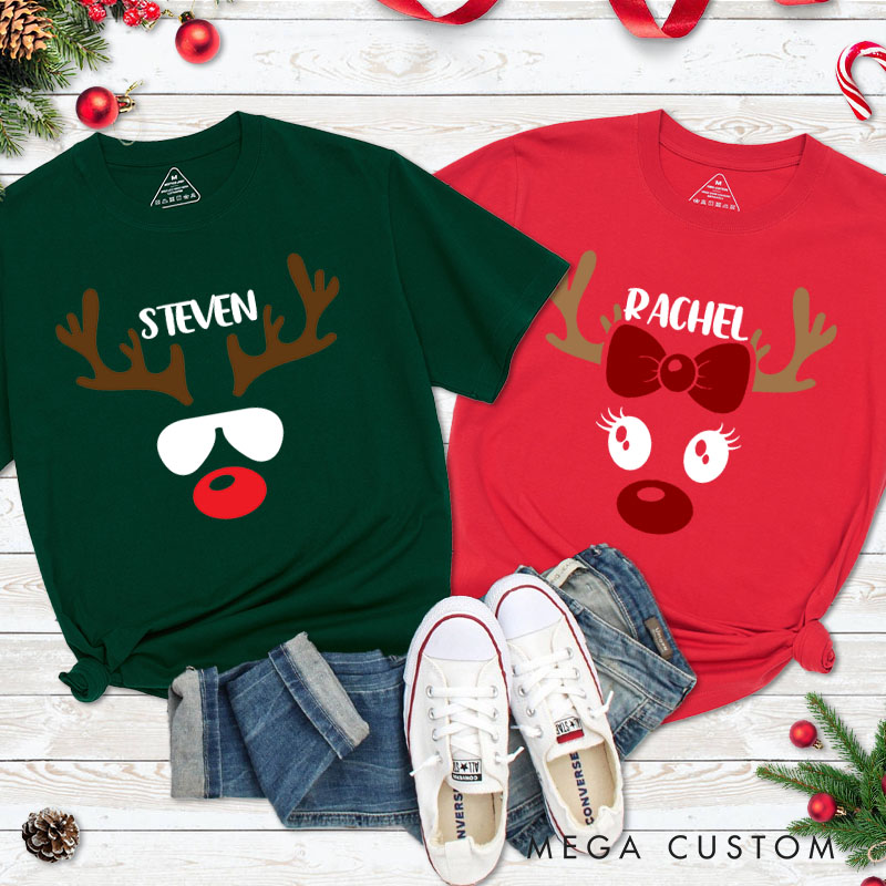 Personalized Couple Reindeer with Sunglasses Christmas T-Shirt Couple Xmas Reindeer with Bow Matching Shirt for Husband Wife Boyfriend Girlfriend Tees