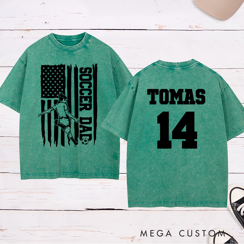 Personalized Soccer Dad Washed T-Shirt with Patriotic Flag Design and Custom Name