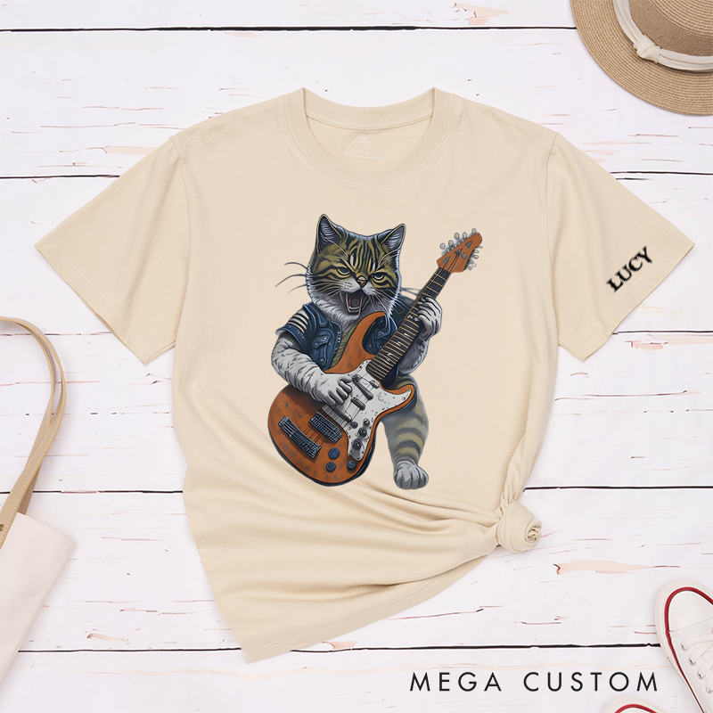 Personalized Classic T-Shirts Rockstar Cat Graphic and Funny Feline Playing Electric Guitar Tee Cool Cat Lover Gift and Vintage Rock Music Pet Tee