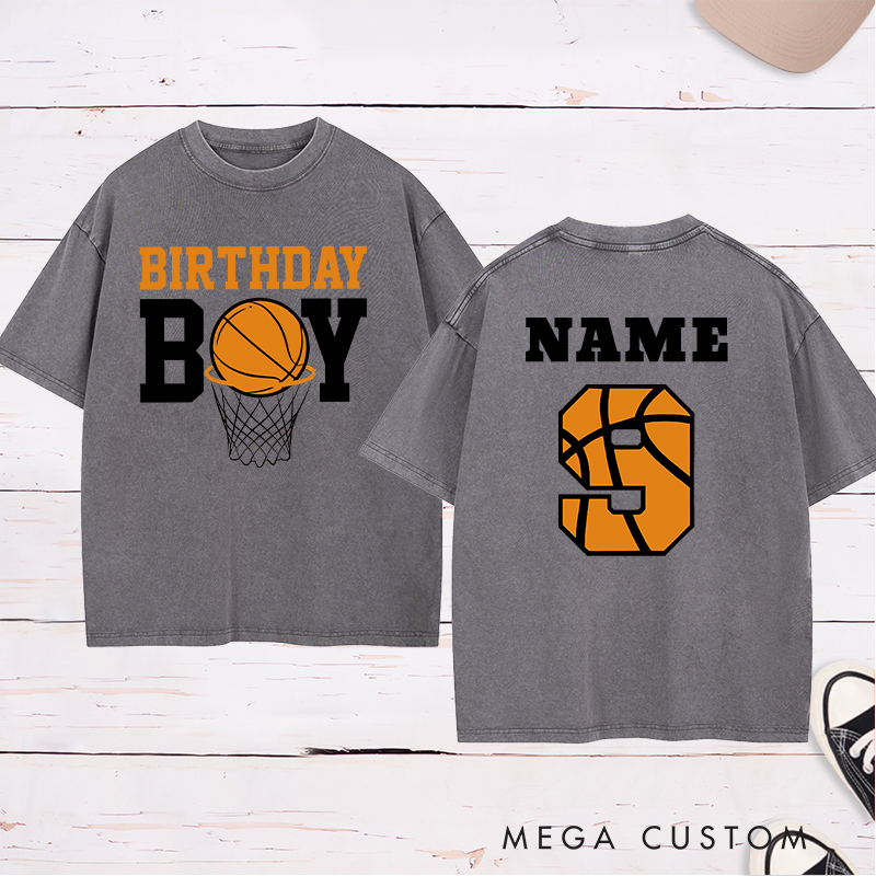 Personalized Washed T-Shirt Design Featuring a Basketball Birthday Theme with Customizable Name and Age for a Fun and Unique Celebration