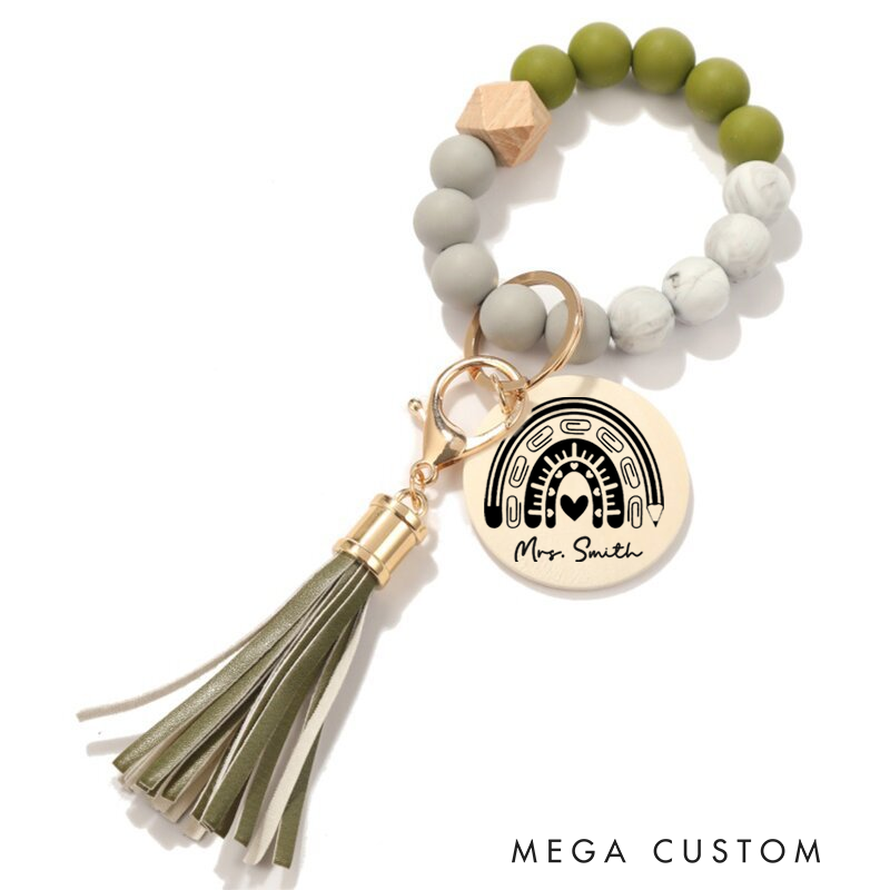 Personalized Teacher Keychain Teacher Rainbow Design Silicone Beads Bracelet Keychain Wooden Engraved Wristlet Keychain Teacher Appreciation Gift