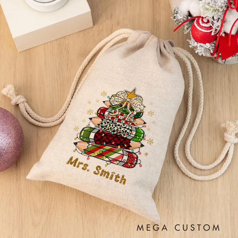 Personalised Christmas Santa Sack for Teachers Custom Cute Leopard Print Plaid Pencil Star Snowflake Design Sack Christmas Gift