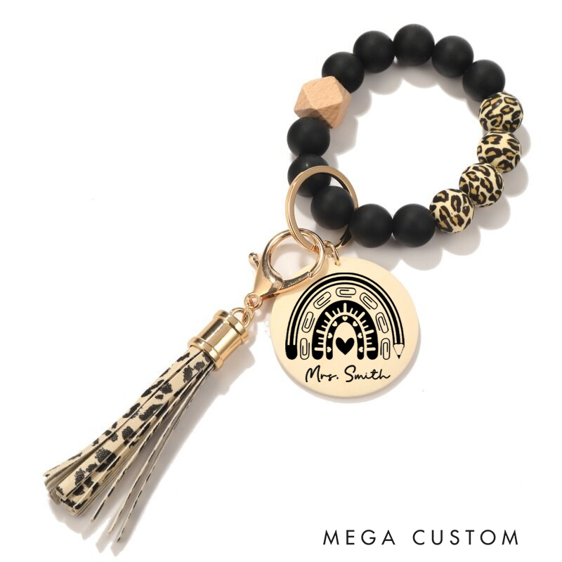 Personalized Teacher Keychain Teacher Rainbow Design Silicone Beads Bracelet Keychain Wooden Engraved Wristlet Keychain Teacher Appreciation Gift