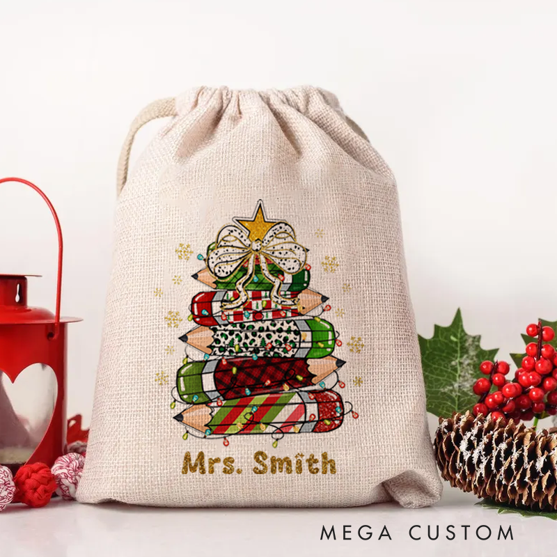 Personalised Christmas Santa Sack for Teachers Custom Cute Leopard Print Plaid Pencil Star Snowflake Design Sack Christmas Gift