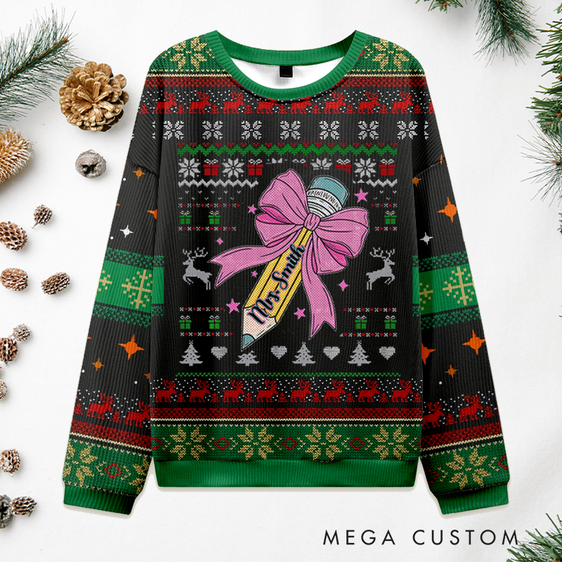 Personalized Teacher Christmas Ugly Sweater Pencil Design Sweater Appreciation Gift for Teachers