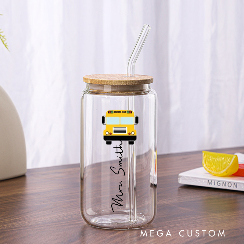 Personalized Teacher Tumbler with Lid and Straw School Bus Custom Glass Coffee Cup Teacher Appreciation Gift
