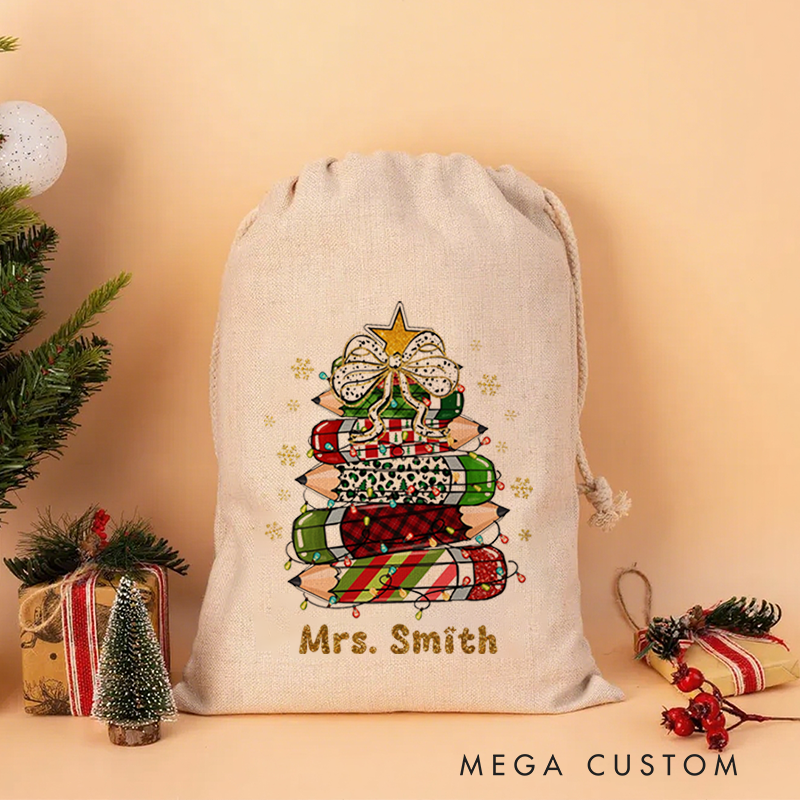 Personalised Christmas Santa Sack for Teachers Custom Cute Leopard Print Plaid Pencil Star Snowflake Design Sack Christmas Gift