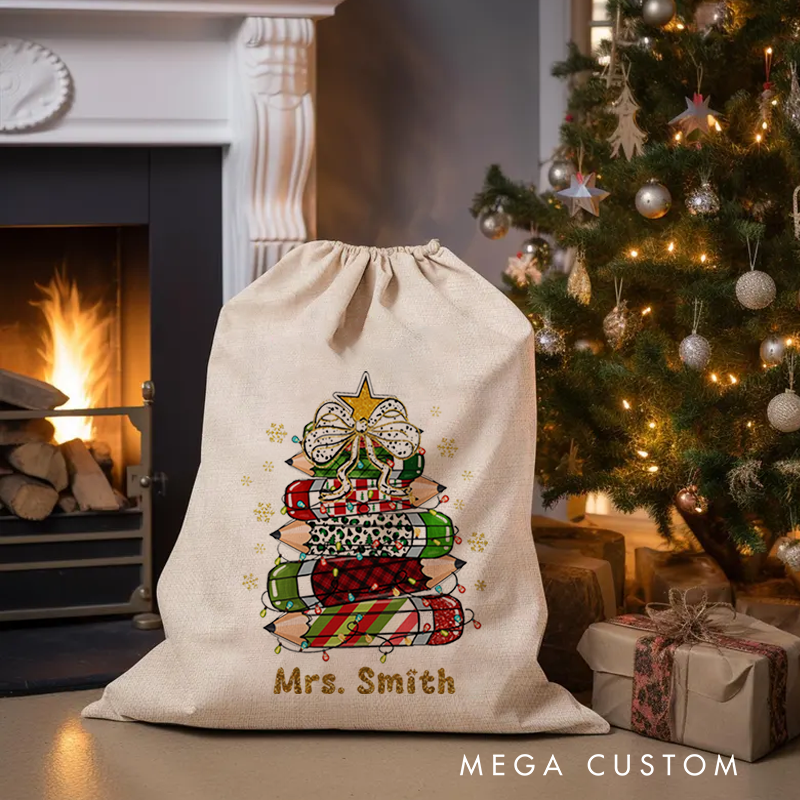 Personalised Christmas Santa Sack for Teachers Custom Cute Leopard Print Plaid Pencil Star Snowflake Design Sack Christmas Gift