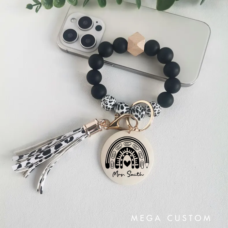 Personalized Teacher Keychain Teacher Rainbow Design Silicone Beads Bracelet Keychain Wooden Engraved Wristlet Keychain Teacher Appreciation Gift