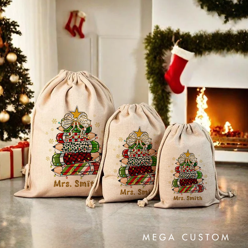 Personalised Christmas Santa Sack for Teachers Custom Cute Leopard Print Plaid Pencil Star Snowflake Design Sack Christmas Gift