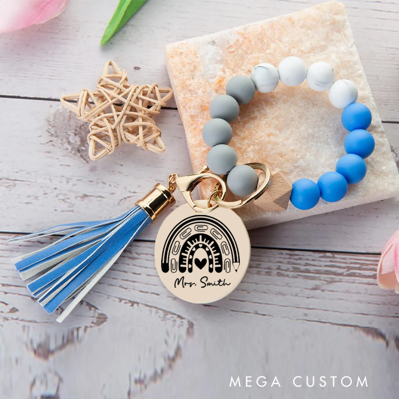 Personalized Teacher Keychain Teacher Rainbow Design Silicone Beads Bracelet Keychain Wooden Engraved Wristlet Keychain Teacher Appreciation Gift