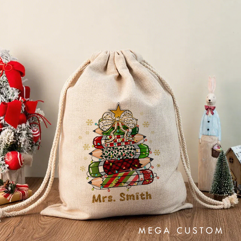 Personalised Christmas Santa Sack for Teachers Custom Cute Leopard Print Plaid Pencil Star Snowflake Design Sack Christmas Gift