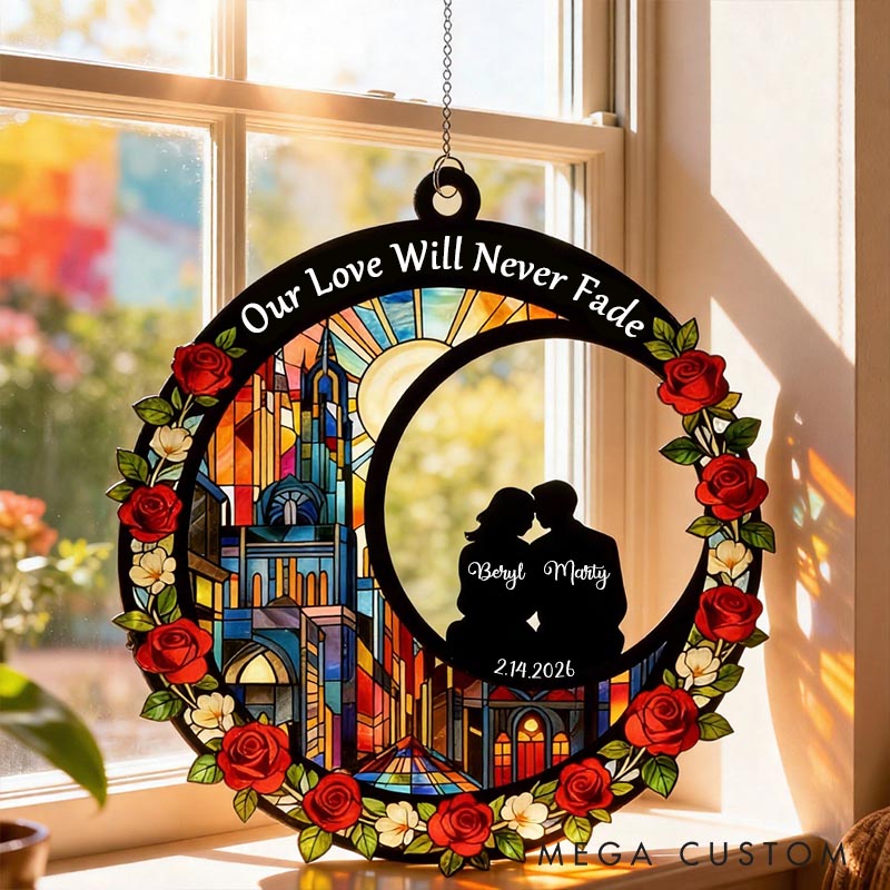 Personalized Couple Silhouette You and Me We Got This Suncatcher Custom Round Shaped Rose Flower Window Decor Anniversary Gift Valentines Day Gift