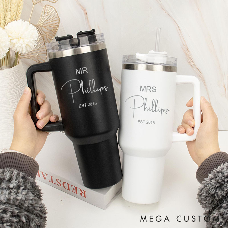 Personalized Couple 40oz Tumbler Mr. and Mrs. Anniversary Gift Tumbler Wedding Travel Mug for Husband and Wife with Handle and Straw