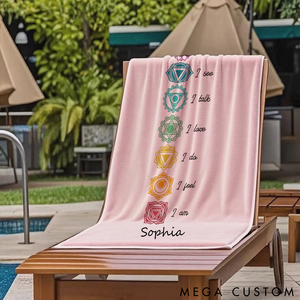 Personalized Chakra Yoga Beach Towel with Seven Chakra Design and Positive Quotes Perfect Gift for Yoga Lover