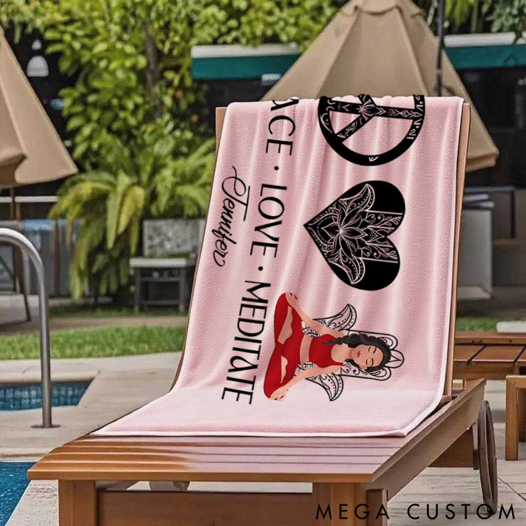 Personalized Peace Love Meditate Beach Towel Perfect Gift for Yoga Lover, Travel and Outdoor Adventures