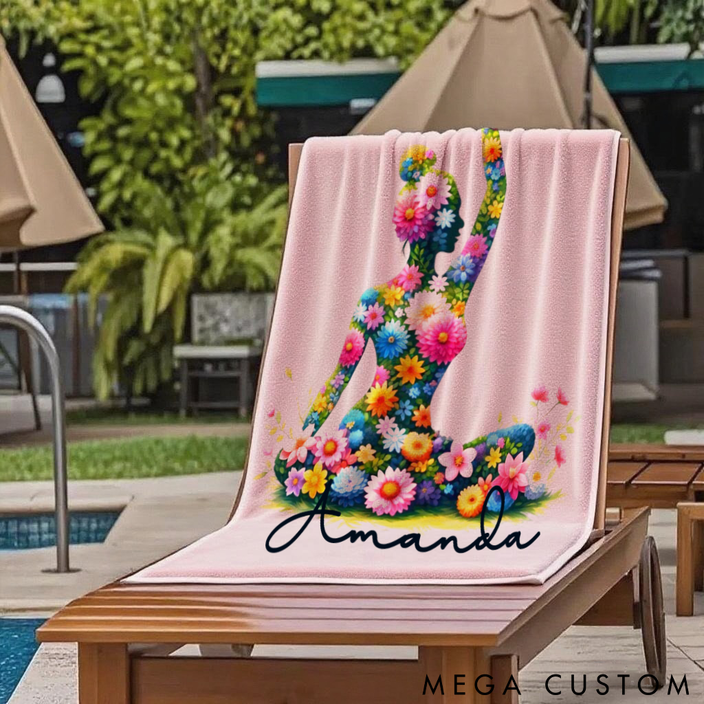 Personalized Floral Yoga Superpower Towel with Vibrant Flower Pose Design Perfect Gift for Yoga Lover