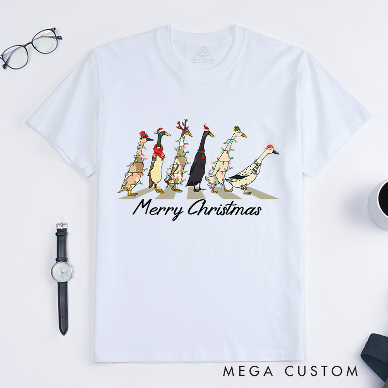 Personalized Geese Walking with Christmas Lights and Hats Christmas T-Shirt