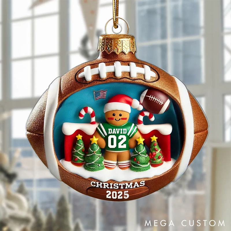 Personalized American Football Gingerbread Figure Acrylic Ornament with Custom Player Name and Number for Football Player 