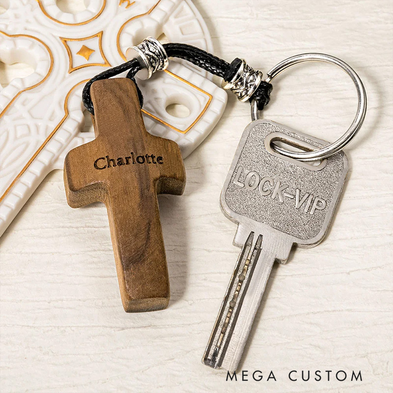 Personalized Wooden Cross Heart Keychain with Initial and Name Engraving Religious Gift Birthday Gift for Christians