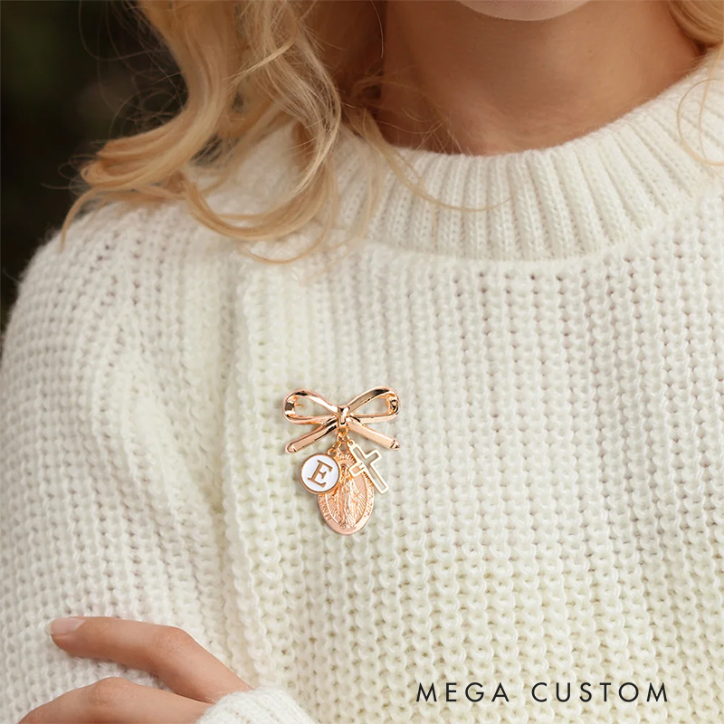 Personalized Virgin Mary Bow Cross Brooch Pin with Initial Christian Baptism Gift for Women Christians Gift Catholic Gift