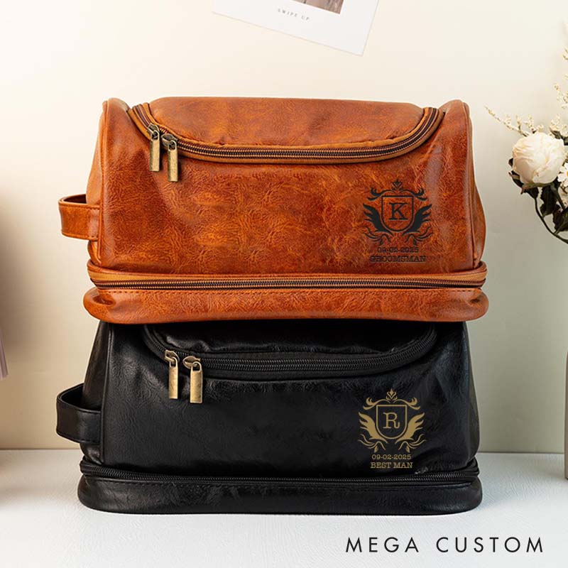 Personalized Groomsmen Shaving Kit Bag Engraved Leather Toiletry Bag for Groom Regal Crest Design Men’s Travel Bag for Wedding Party