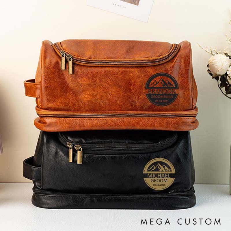 Personalized Groomsmen Leather Dopp Kit Groom Bachelor Party Toiletry Bag Men’s Striking Mountain Design Travel Bag Groomsman Proposal Gift Bag