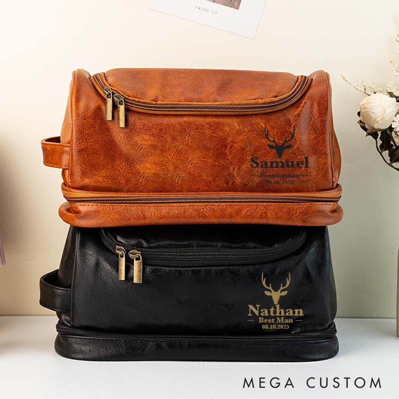 Personalized Groomsmen Leather Toiletry Bag Custom Bachelor Favors Dopp Kit Bag Deer Head Design Wedding Party Proposal Gift Travel Bag