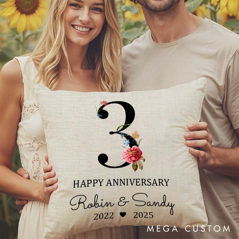 Personalized Couple Anniversary Pillow Custom Happy 3th Anniversary Pillow Couple Gift Pillow with Years and Floral Design 
