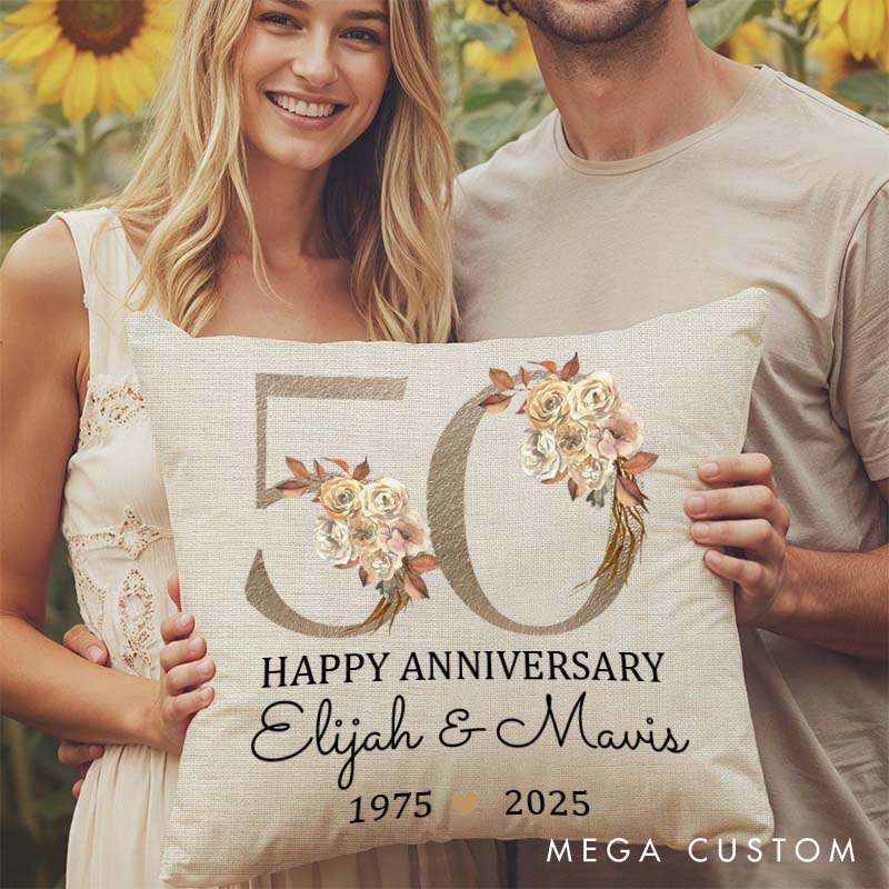 Personalized 50th Anniversary Pillow Couple Golden Wedding Anniversary Pillow Floral Design Couple 50 Years Anniversary Gift for Husband Wife
