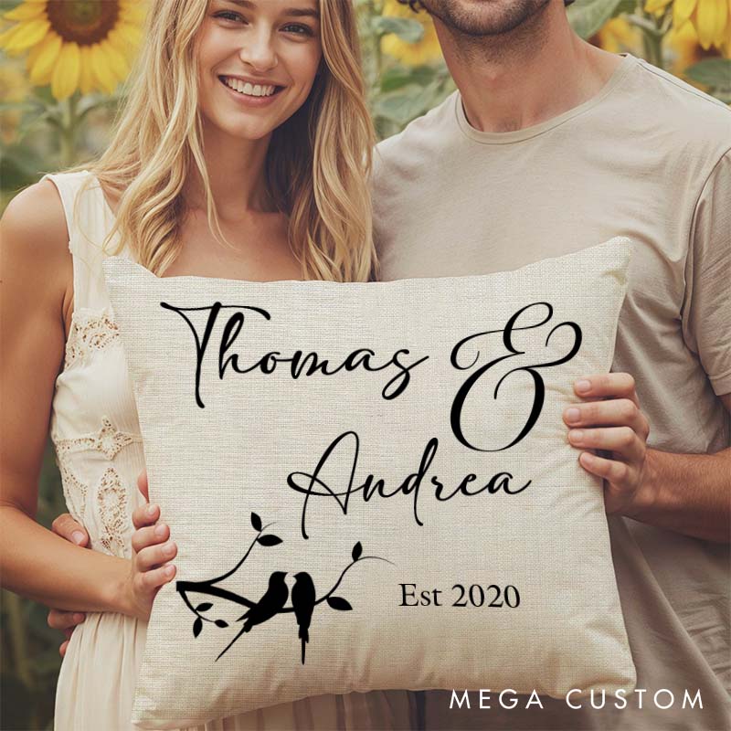 Personalized Love Birds Couple Pillow Custom Wedding Anniversary Gift Pillow for Couple Home Decor Pillow With Name and Date