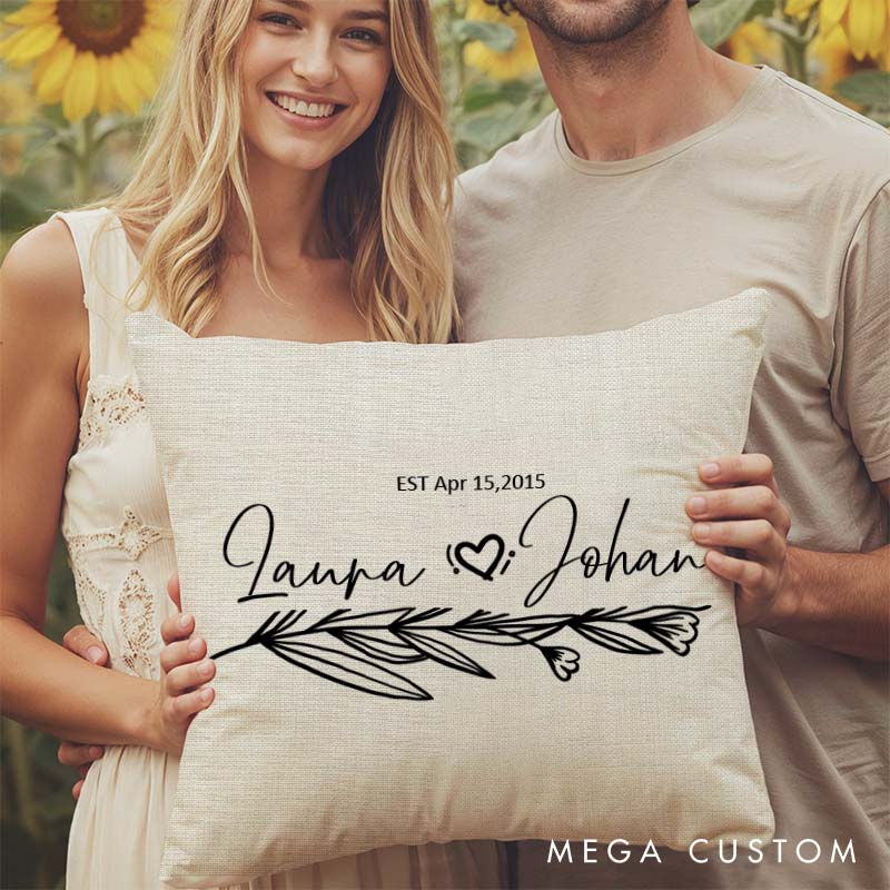 Personalized Couple Anniversary Pillow Wife Husband Wedding Anniversary Pillow Romantic Floral Branch Design Pillow with Name and Date